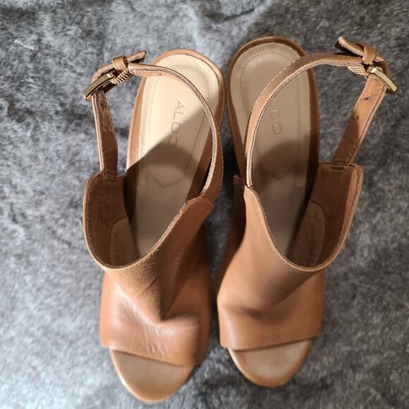 Women 8.5 ALDO Camel Leather Chunky Heel Peep Toe Slingback Bootie Heels Shoes‎ - Picture 5 of 8